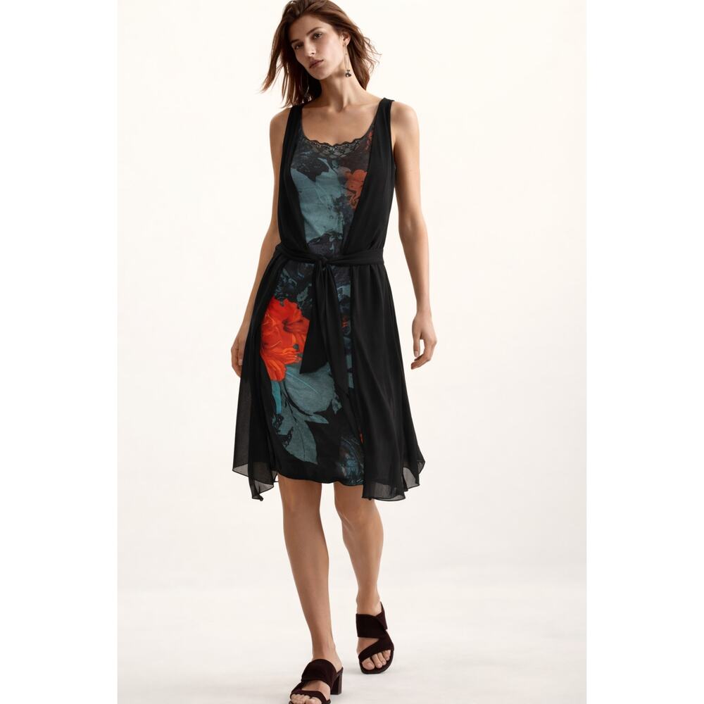 Desigual Layered Dress M Black Tropical Hibiscus Artsy Lace Tie Front Sleeveless